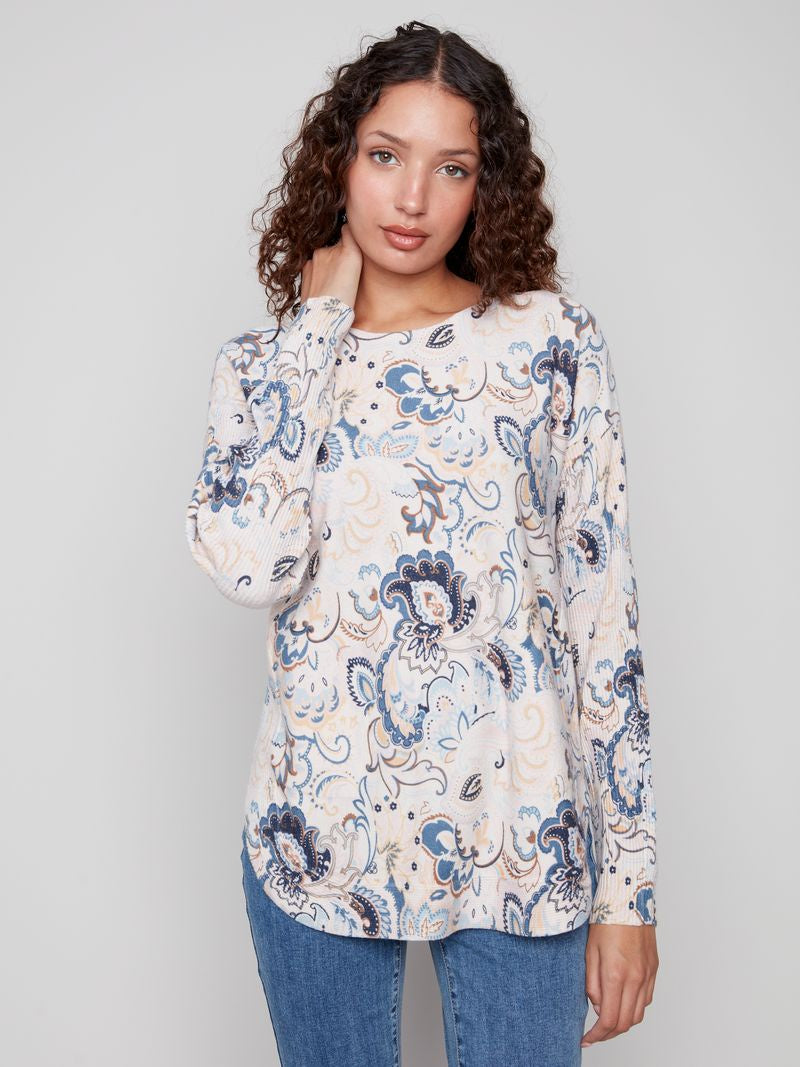Charlie B printed long sleeve sweater with pockets C2818P/464A
